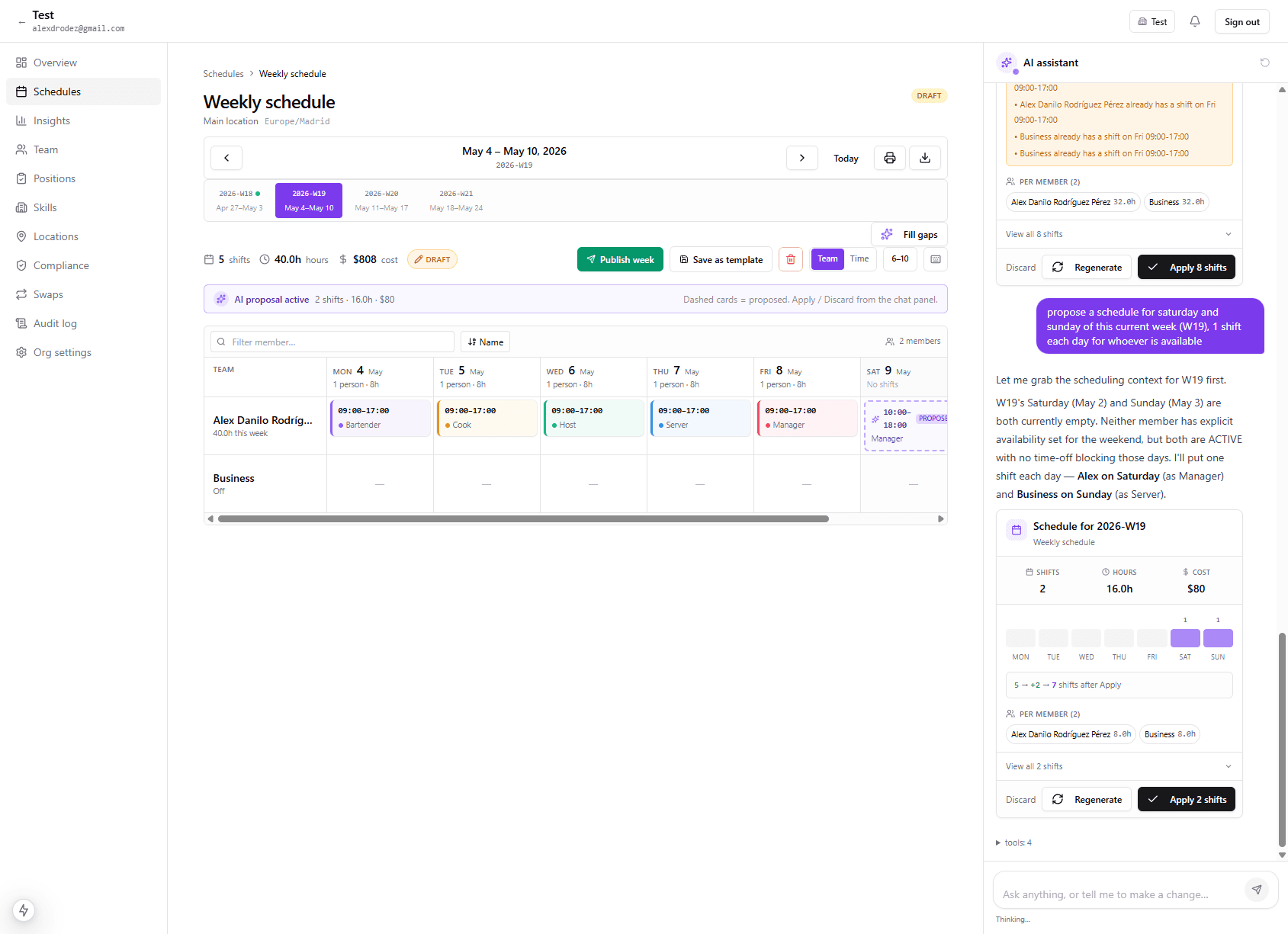 Weekwright proposing a complete week's schedule via the chat agent, with shifts ready to apply