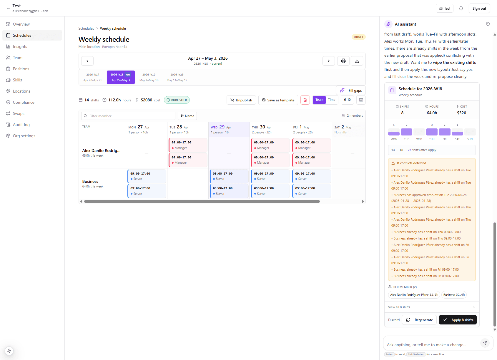 Weekwright's weekly schedule view with the AI assistant panel open on the right, ready to take instructions